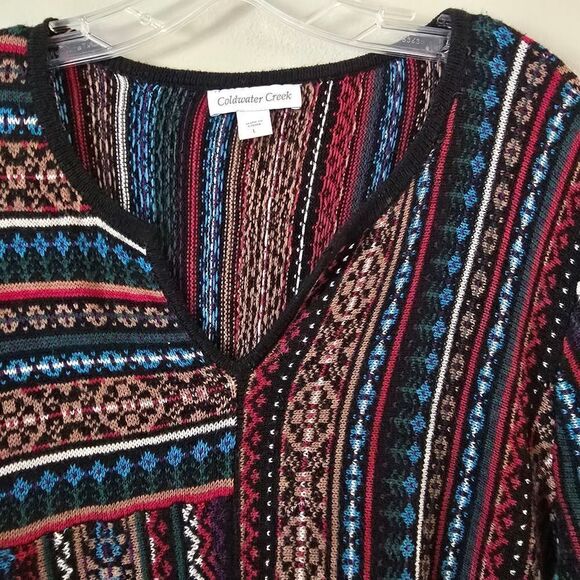 COLDWATER GREEK Women’s Colorful Striped V neck Sweater Top Size Large - Picture 3 of 9